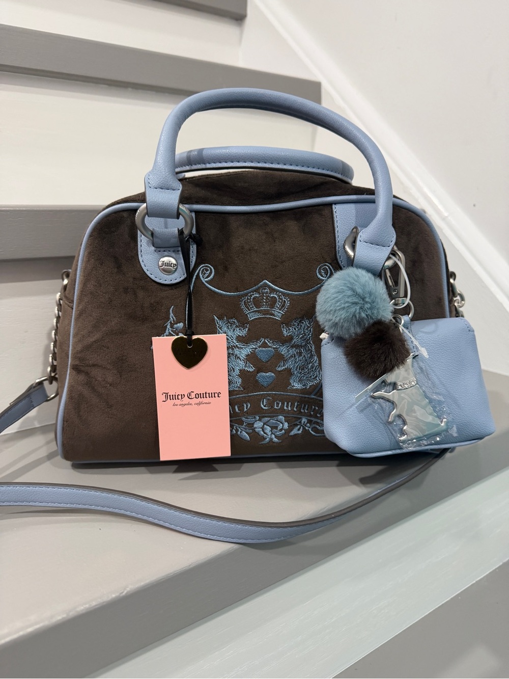 Juicy Couture Brown Velvet Satchel with Light Blue Leather Trim